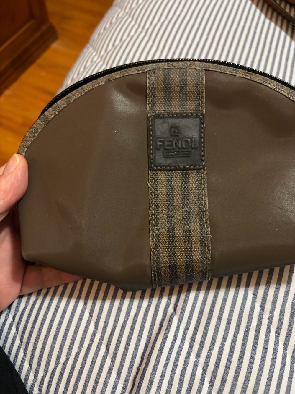 Fendi Brown Striped Canvas-Trim Toiletry Pouch